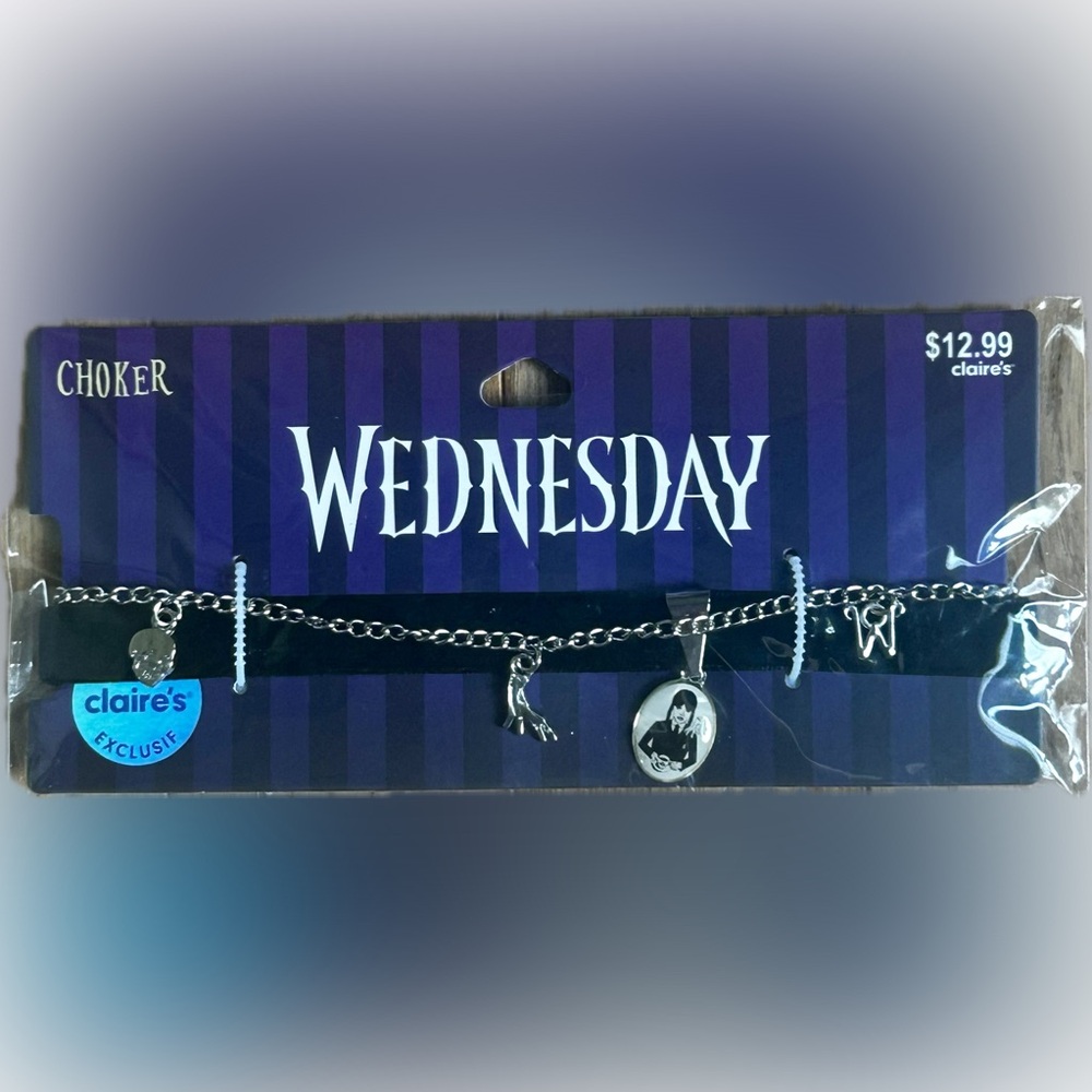 Wednesday Charm Choker in Silver and Black by Claire's.   Great for Halloween!!